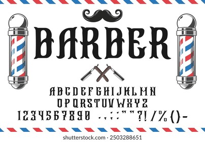 Retro barber font or barbershop typeface with vintage type letters, vector English alphabet. Barber shop old ABC typeface or hipster design script text with retro letters and signs for trendy typeset