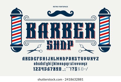 Retro barber Schriftart oder Vintage Western Typ für Barbershop englisches Alphabet, Vektor alte ABC Schrift. Barber-Schrift für Handelsmarken, Hipster-Design-Skript-Text mit fett gedruckten Buchstaben und Zeichen für Barbershop