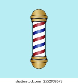A retro barber pole design with red, white and blue spirals and golden caps. Perfect for barbershop logos, signs, and branding materials.