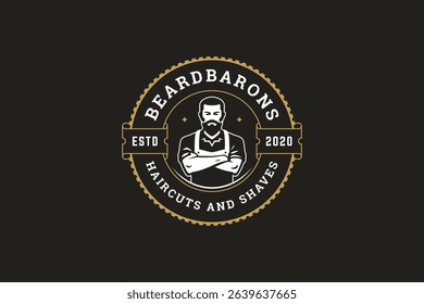 Retro barber shop logo featuring a confident male portrait, vintage design elements, and grooming services text. Ideal for branding and marketing. Vector illustration