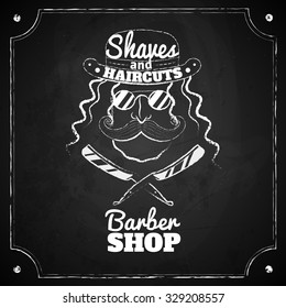 Retro barber shop logo on school chalk slate.Vector chalk picture of Gentleman in glasses,hat with beard,mustache,retro razors and 'shaves haircuts' text.Oldfashioned chalk painting beauty salon logo