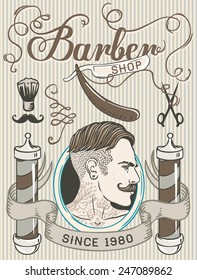Retro Barber Shop Vintage Template. Vector illustration with man's profile.