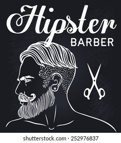 Retro Barber Shop Vintage Template. Vector chalk illustration with man's profile on a blackboard.