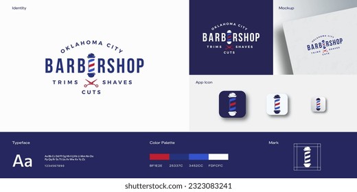 Retro Barbershop Abstract Vector Emblem Logo Template. Vintage Typography and Barbers Pole as Letter E. Concept Identity Guide with Modern Typography Realistic Mock Up. Isolated