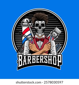 Retro Barbershop Beard Hipster Skull holding Scissor and Electric Trimmer Badge Illustration