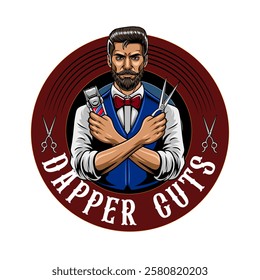 Retro Barbershop Beard Man holding Scissor and Electric Trimmer Elements Logotype Badge Vector Illustration