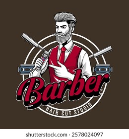 Retro Barbershop Beard Masculine Man holding Electric Trimmer Logotype Badge Vector Illustration