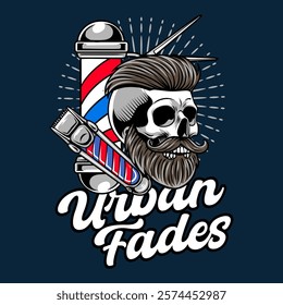 Retro Barbershop Beard Skull Head with Scissor, electric Clipper, and Barber's Pole elements Logotype Badge Vector Illustration