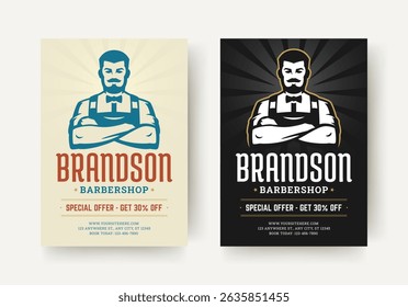 Retro barbershop flyer featuring a bold mustached male figure, special discount offer, strong typography and stylish design for promotional use. Vector illustration