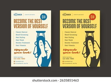 Retro barbershop flyer featuring bold headline, service list, contact details, price label, and hand holding a hair trimmer. Perfect for haircut promotions. Vector illustration