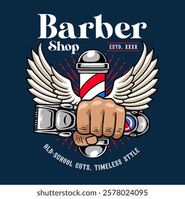 Retro Barbershop Hand holding an electric clipper with barber's pole and wings elements Logotype Badge Vector Illustration