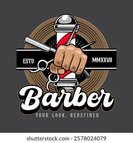 Retro Barbershop Hand holding a razor blade and scissor elements Logotype Badge Vector Illustration