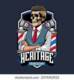 Retro Barbershop Hipster Skull with cross arms gesture Badge Vector Illustration