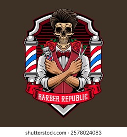 Retro Barbershop Hipster Skull holding Scissor and Electric Trimmer Elements Logotype Badge Vector Illustration