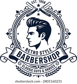 Retro barbershop logo featuring a classic haircut and shaving tools, established in 1958