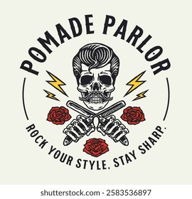 A retro barbershop logo illustration featuring a pompadour-styled skull with crossed combs, roses, and lightning bolts in a vintage tattoo-inspired rockabilly style.