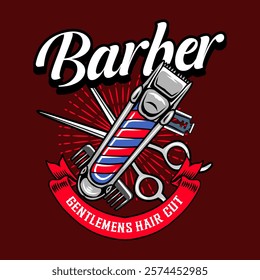 Retro Barbershop with Scissor, razor blade, comb, electric Clipper, and Barber's Pole elements Logotype Badge Vector Illustration