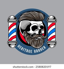 Retro Barbershop Skull Head with Barber's Pole elements Logotype Badge Vector Illustration