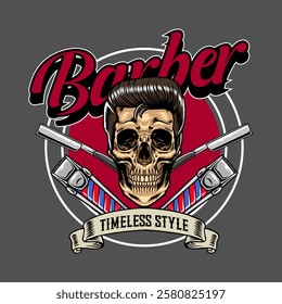 Retro Barbershop Skull Head with a razor blade and electric Clipper elements Logotype Illustration