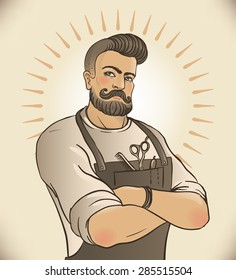 Retro BarberShop Vintage Template. Vector illustration with barber's portrait.