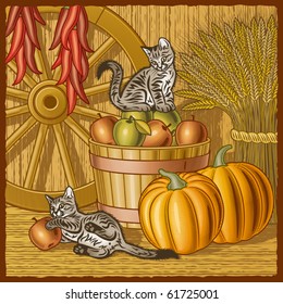 Retro barn with harvest. Vector