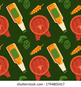 Retro barrel and beer bottle on green backdrop. Brewery seamless pattern for wallpaper, wrap paper, sleeper, bath tile, apparel or bed linen. Bag or hoody print. Flat style stock vector illustration