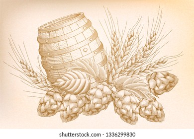 Retro barrel and hops in engraving style