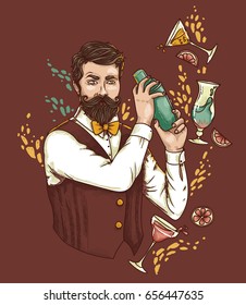 retro bartender making cocktails, can be used as poster for old fashioned party, vector illustration