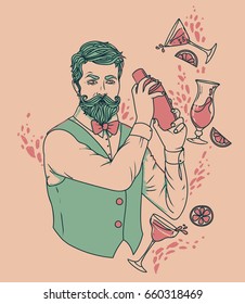 retro bartender making cocktails, can be used as poster for old fashioned party, vector illustration