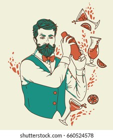 retro bartender making cocktails, can be used as poster for old fashioned party, vector illustration