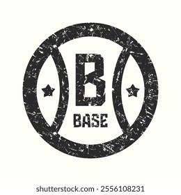 Retro baseball emblem. Round graphic design with rough texture for t-shirt. Black print on white background