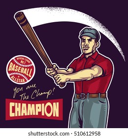 Retro Baseball player swinging the bat vector illustration. Isolated artwork object. Suitable for and any print media need.