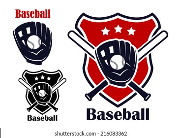 Retro baseball sport emblems or logos with ball stars bats,  glove and shield isolated on white. For recreation  sports or logo design.