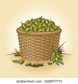 Retro basket of olives. Editable vector illustration with clipping mask in woodcut style.