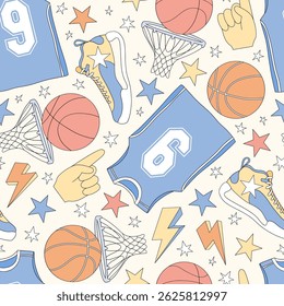 Retro Basketball team equipment Game Day vector seamless pattern. Boyish Sports Sporty Boy background.