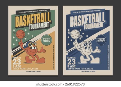retro basketball tournament poster with vintage mascot character, vector, illustration