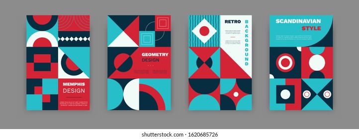 Retro bauhaus geometric cover design. Vintage vector minimal set of poster backgrounds for banners, placards, flyers. Abstract composition template