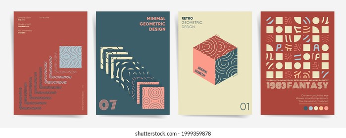 Retro bauhaus geometric poster set. Neo asian wavy geometric collection templates design for book cover, posters, brochure, flyer, business identity and presentation. Retro geometric design layout set