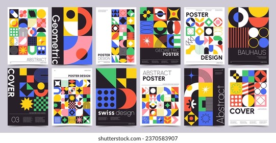 Retro bauhaus posters with geometric shapes and forms, modern swiss style print. Minimalist poster with abstract graphic elements and basic figures, modernism aesthetic cover design vector set