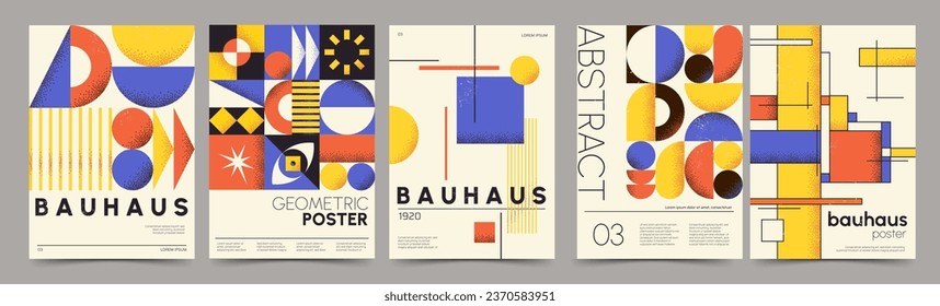 Retro bauhaus style posters with geometric elements and abstract shapes. Minimalist poster with swiss pattern, forms and lines, basic figures, modern cover or print design vector set
