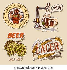  Retro Bavarian beer man, Green Hops , Rye and wheat, Cheers toast. Alcoholic Labels and stickers with calligraphic elements. Vintage American frame for poster banner. Hand drawn engraved sketch.