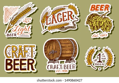 Retro Bavarian beer stickers. Alcoholic Label with calligraphic elements. Vintage American frame for poster banner. Cheers toast. Hand drawn engraved sketch lettering for web, pub menu.