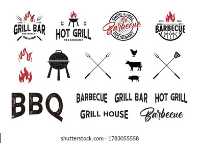 Retro BBQ Grill, Barbecue logo element vector with vintage grunge textured concept