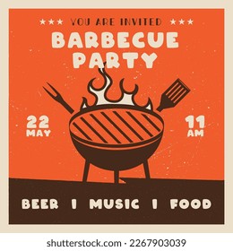 Retro BBQ party card template. BBQ grill square card for social media marketing. Barbecue post design. Stock vector poster flyer.