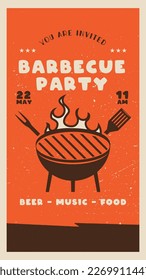 Retro BBQ party card template. BBQ grill square card for social media marketing, stories. Barbecue post design. Stock vector poster flyer