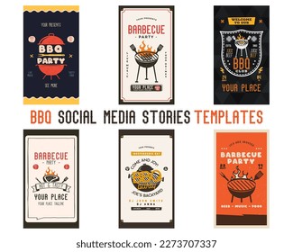 Retro BBQ party card templates set. BBQ grill cards for social media marketing, stories. Barbecue post designs. Stock vector poster flyers