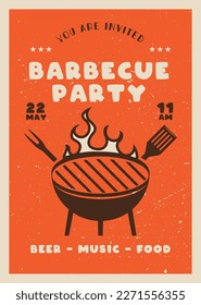 Retro BBQ party flyer template. BBQ grill card for social media marketing. Barbecue post design. Stock vector poster.