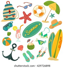 Retro Beach badges,Vintage Vacation icons collection for Summer Theme,Journey Theme,Vacation Theme: pina colada,surfboards,sun umbrella,flip-flops,beach ball.Vintage Vacation Labels Retro Beach Party