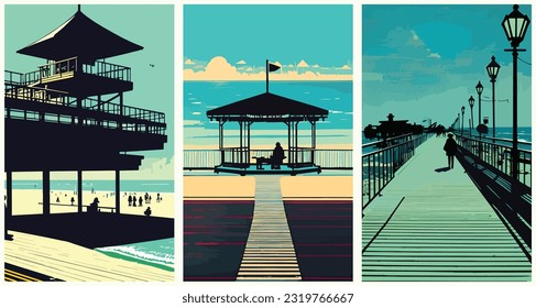 Retro Beach Boardwalk Nostalgic 1950S Coastal Promenade set collection of abstract vector illustration