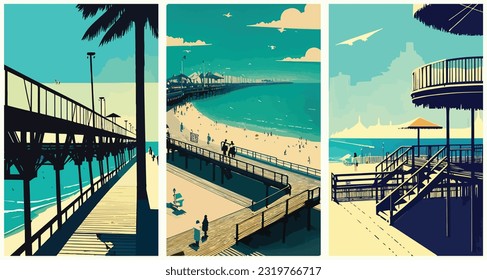 Retro Beach Boardwalk Nostalgic 1950S Coastal Promenade set collection of abstract vector illustration